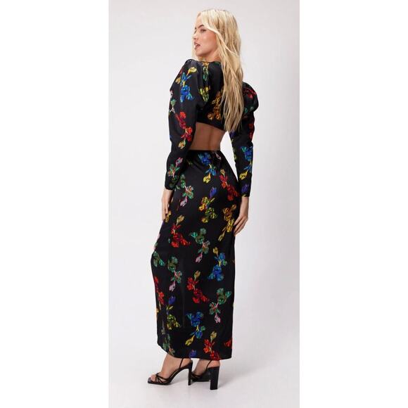 Nasty Gal Dresses & Skirts - Nasty Gal Black Floral Cutout Midi Dress Size 4 Long Sleeve Ruched Slit